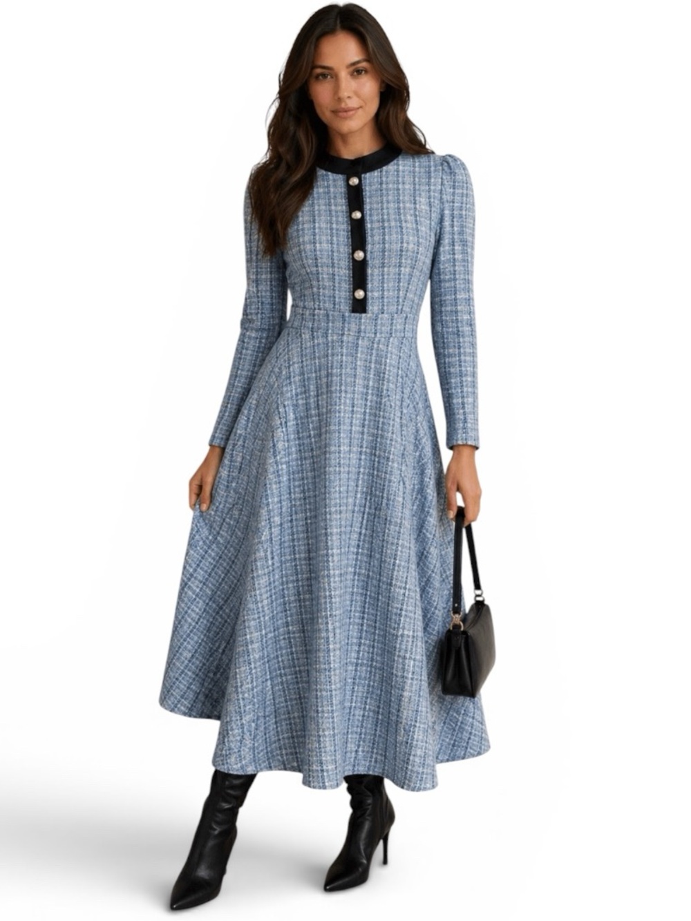 Vintage 60s / 70s Blue‎ Knit Midi Dress Pearl Buttons Mod Long Sleeve M
